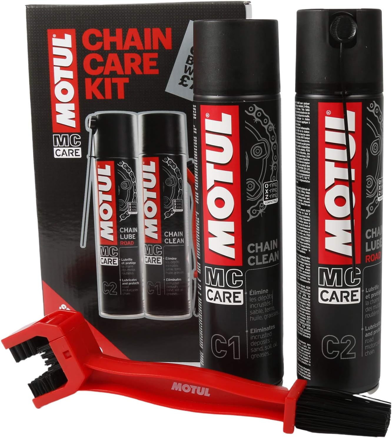 Motul Road Chain Care Kit - C2 Chain Lube, C1 Cleaner & Brush